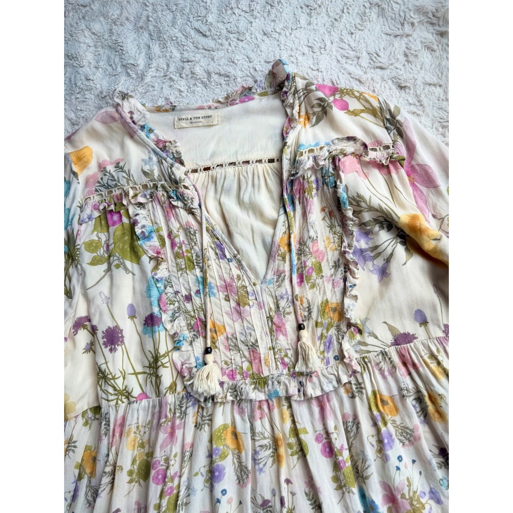 Spell & The Gypsy Wild Bloom Blouse Cream Floral Ruffle Boho Top Wildflower L - Picture 6 of 13
